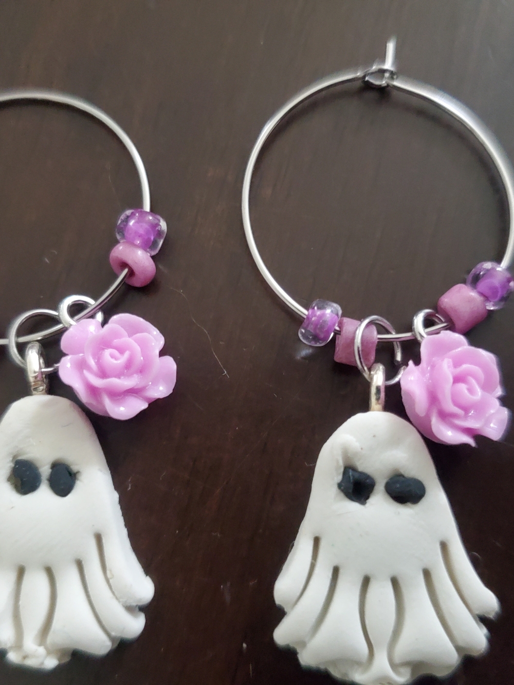 Handmade White Ghost Hoop Earrings with Pink Rose Charms